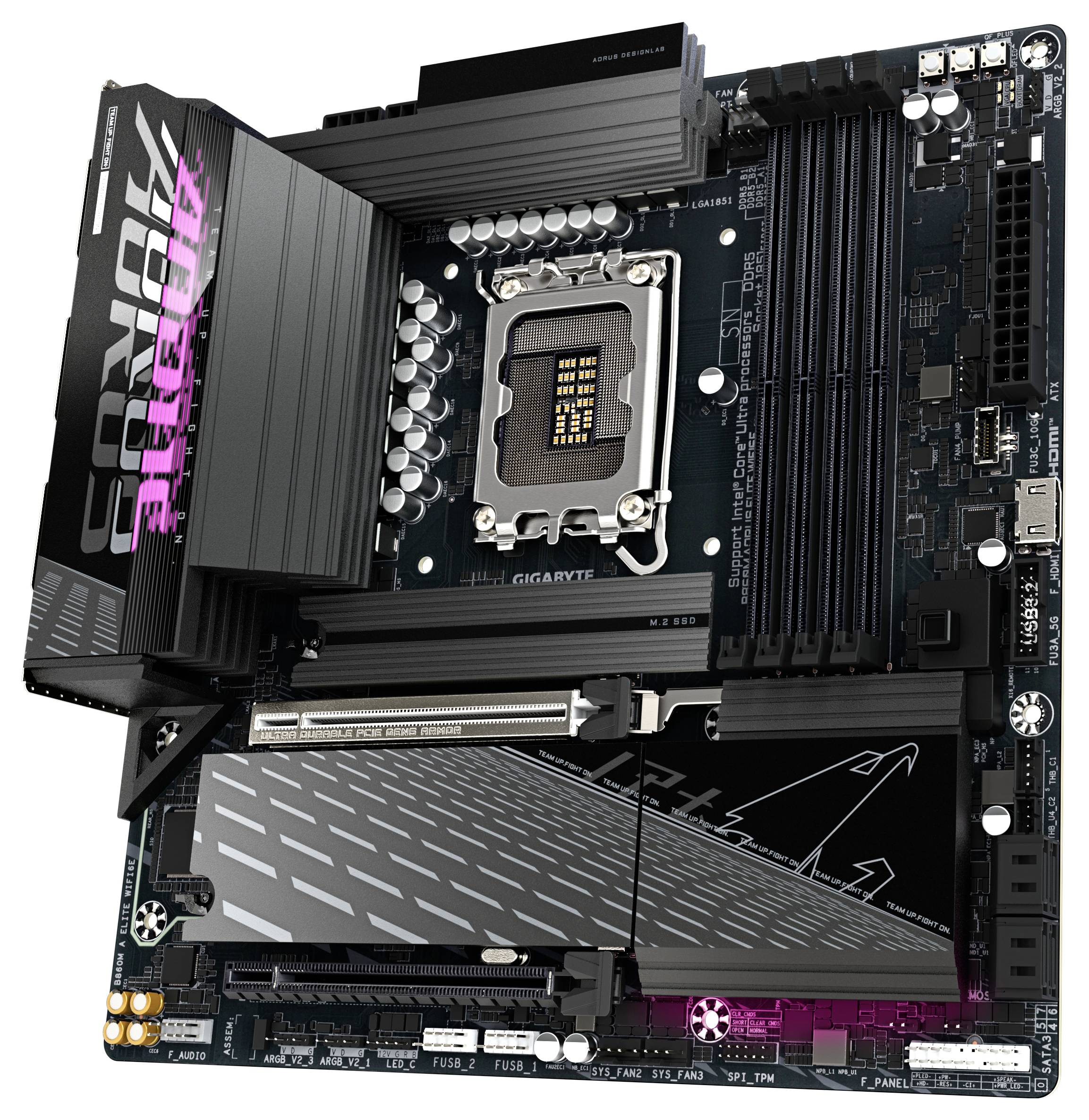 Eine Hauptplatine mit mehreren RAM-Steckplätzen, einem Sockel für den Zentralprozessor, PCIe-Steckplätzen, markiert mit 'Z790 AORUS ELITE AX', konzipiert für Hochleistung.