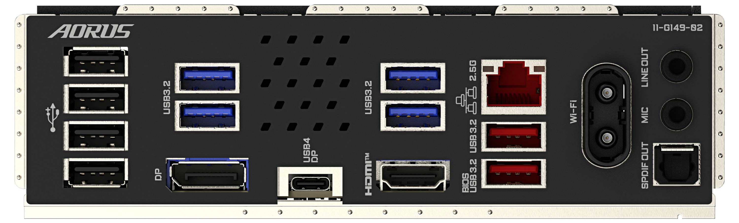 Rückseite eines Computermotherboards mit verschiedenen Anschlüssen: USB, HDMI, DisplayPort, Ethernet und Audioausgänge auf schwarzem Hintergrund.
