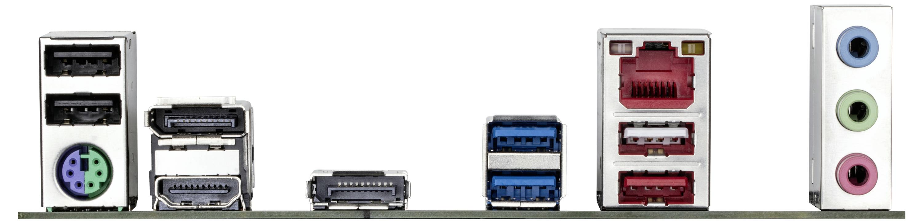 Anschlüsse auf der Rückseite eines Computermotherboards, einschließlich HDMI, USB, Ethernet und Audioports für Konnektivität und Peripheriegeräteanschlüsse.