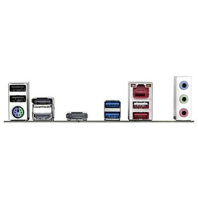 Anschlüsse auf der Rückseite eines Computermotherboards, einschließlich HDMI, USB, Ethernet und Audioports für Konnektivität und Peripheriegeräteanschlüsse.