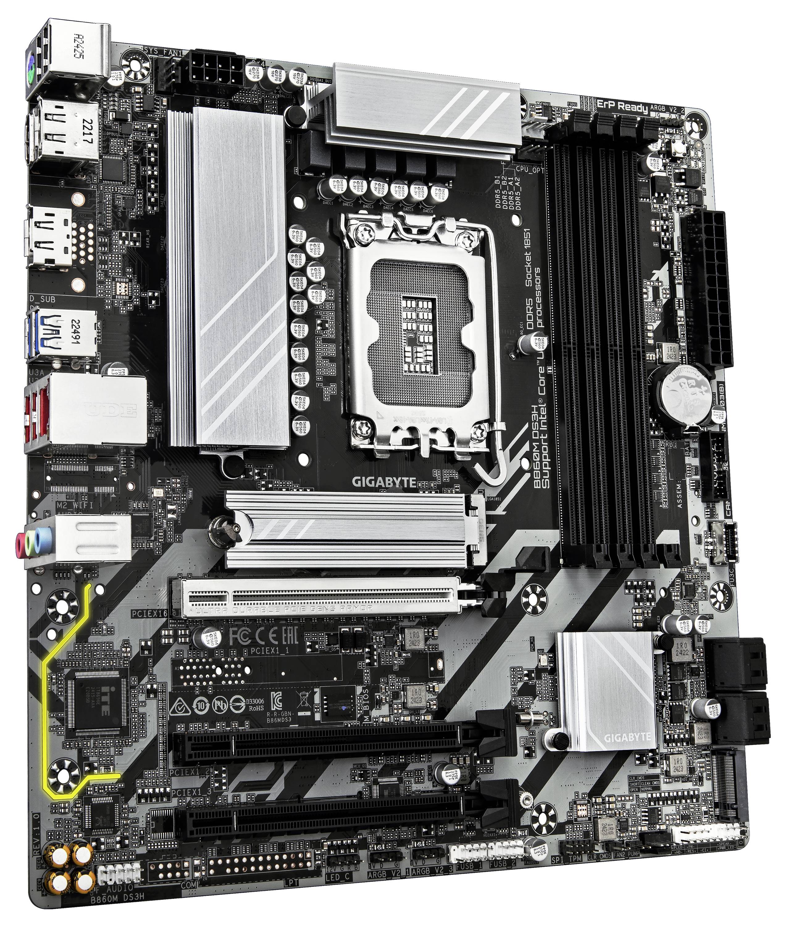 Eine Computermotherboard mit mehreren Steckplätzen und Anschlüssen, einschließlich RAM-Steckplätzen, einem CPU-Sockel und verschiedenen Anschlüssen für Peripheriegeräte.