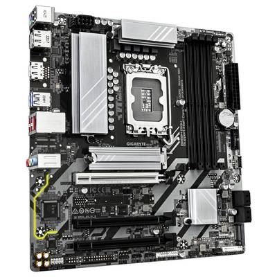 Eine Computermotherboard mit mehreren Steckplätzen und Anschlüssen, einschließlich RAM-Steckplätzen, einem CPU-Sockel und verschiedenen Anschlüssen für Peripheriegeräte.