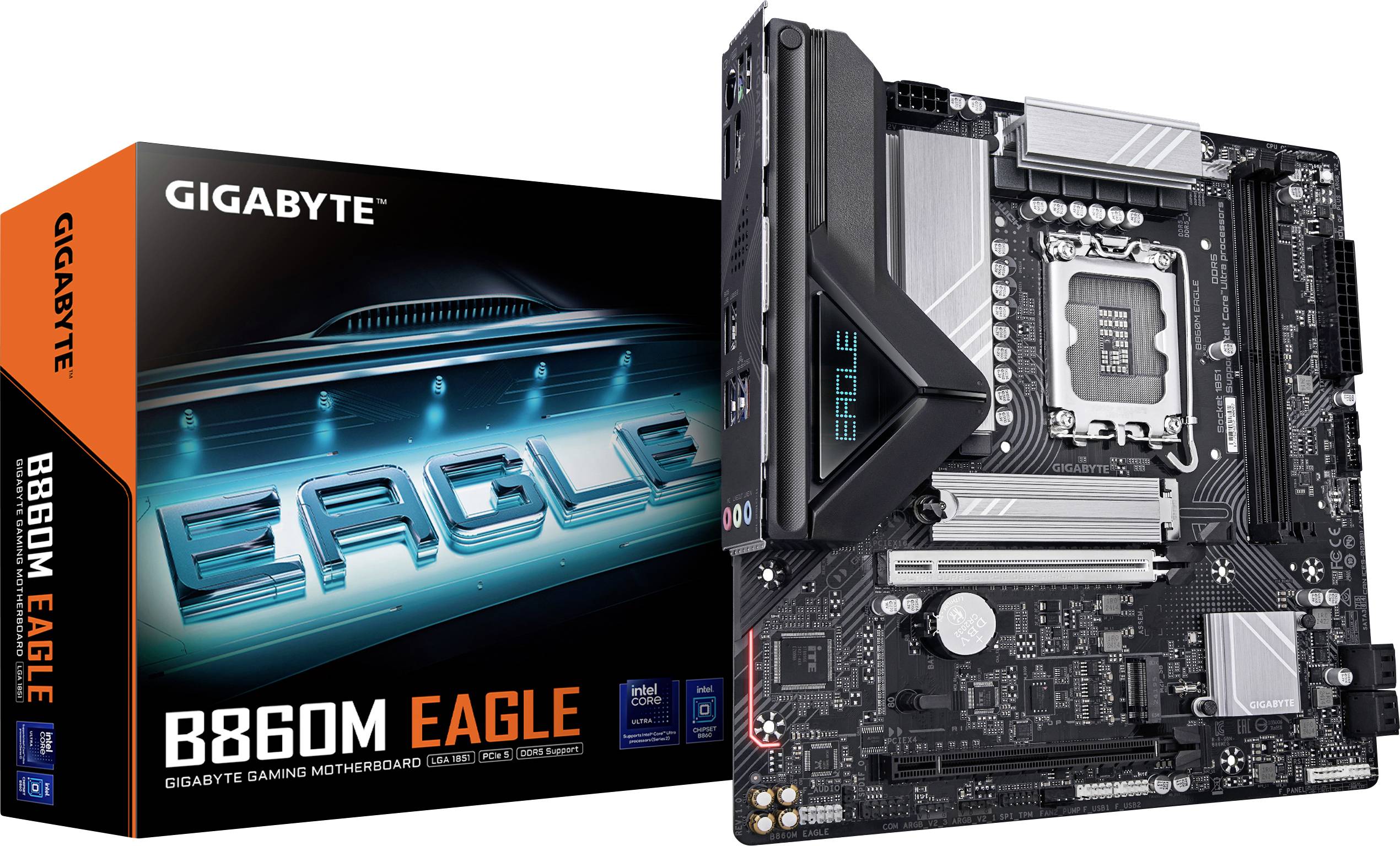 Gigabyte B860M Eagle Mainboard mit Verpackung, die das Produktdesign und die Markenidentität präsentiert.