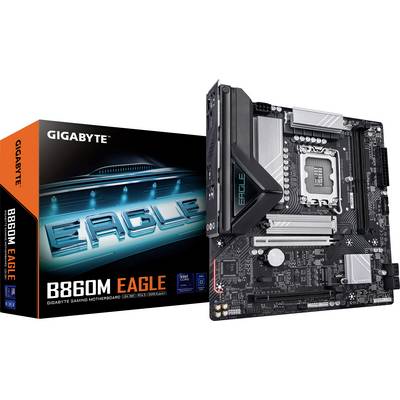 Gigabyte B860M Eagle Mainboard mit Verpackung, die das Produktdesign und die Markenidentität präsentiert.