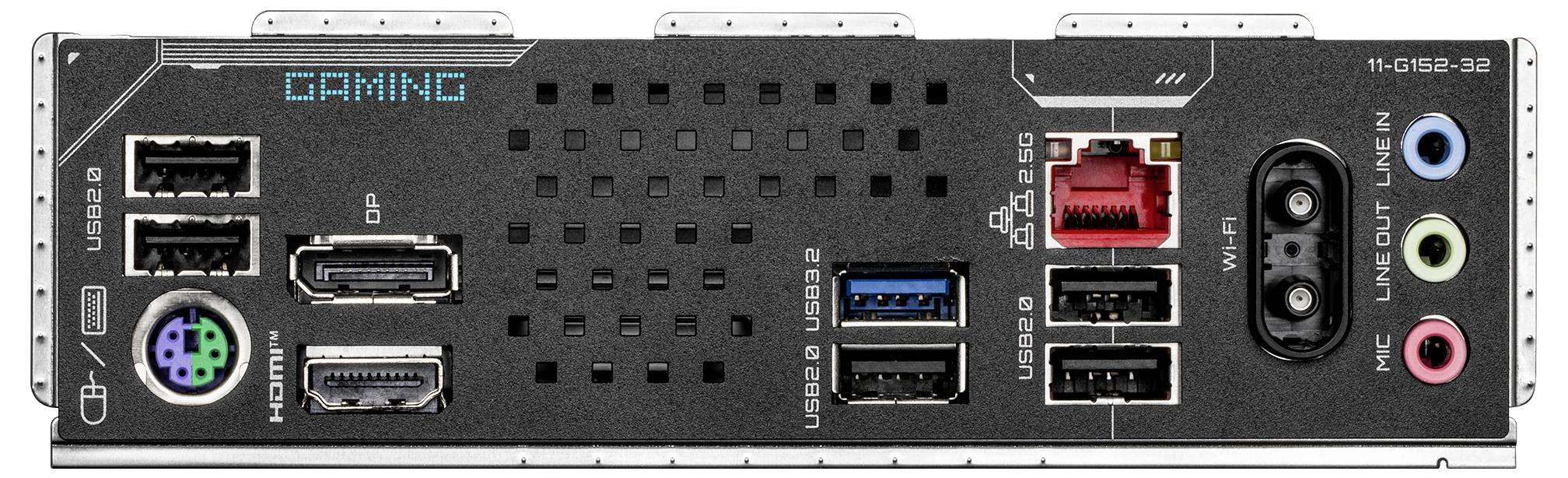 Das Bild zeigt die Rück-Anschluss-Seite einer Gaming-Motherboard mit verschiedenen USB-Anschlüssen, HDMI, Ethernet, Audioausgängen und einem PS/2-Anschluss.
