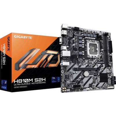 Eine Gigabyte H610M S2H Mainboard neben seiner orange-schwarzen Verpackung, auf der 'H610M S2H Ultra Durable Motherboard' steht.