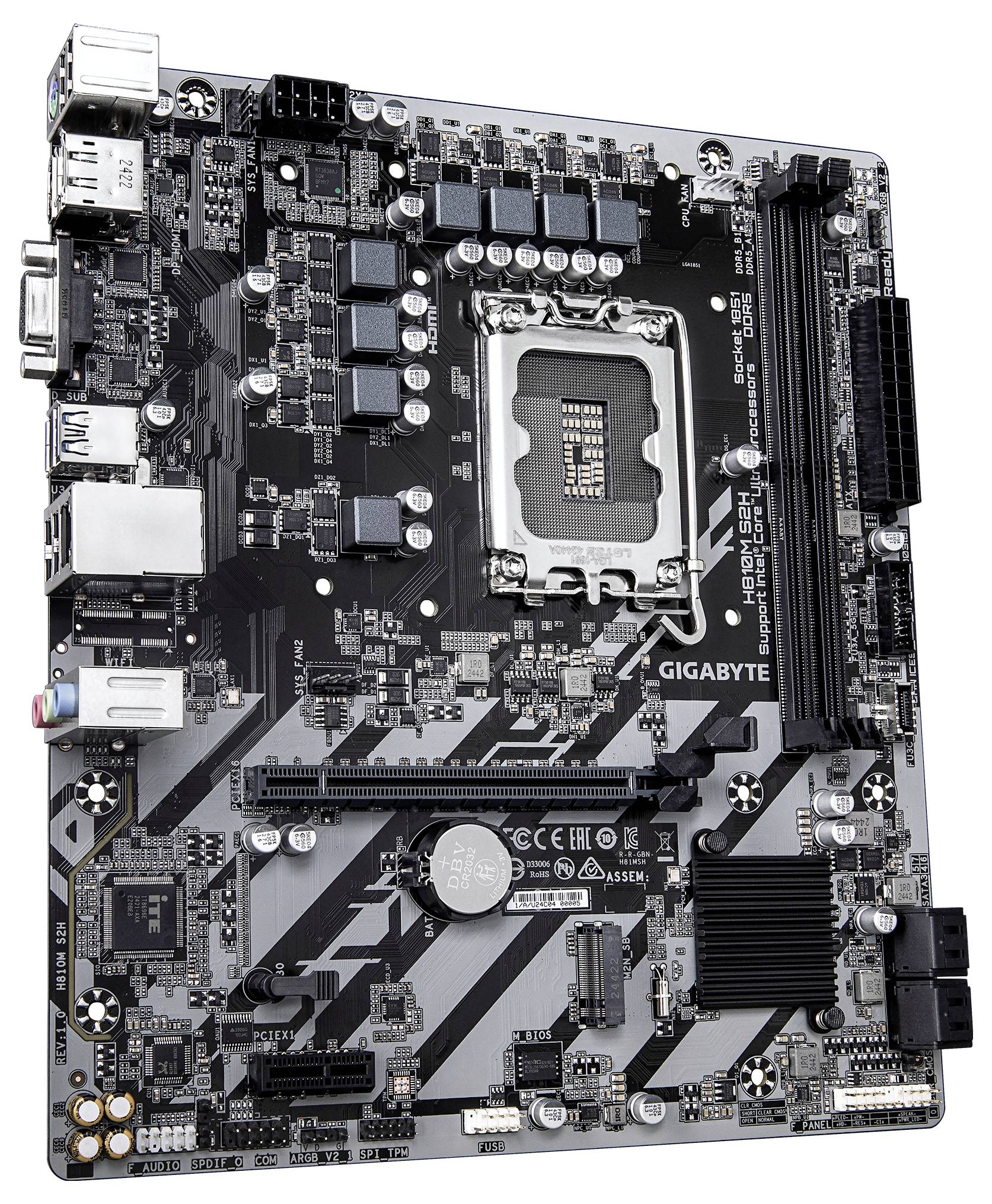Eine schwarze und graue Computermotherboard mit verschiedenen elektronischen Komponenten, Steckplätzen und Anschlüssen für den Aufbau eines PC-Systems.