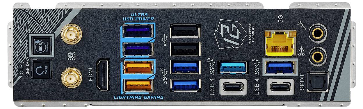 Rückseite eines Gaming-Mainboards mit mehreren Anschlüssen: HDMI, USB-C, USB 3.0, RJ-45 für Ethernet und Audioports.