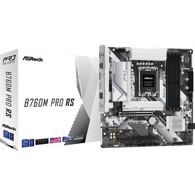 ASRock B760M Pro RS Mainboard mit Verpackung. Unterstützt DDR5, PCIe 4.0 und HDMI. Mainboard mit verschiedenen Anschlüssen abgebildet.