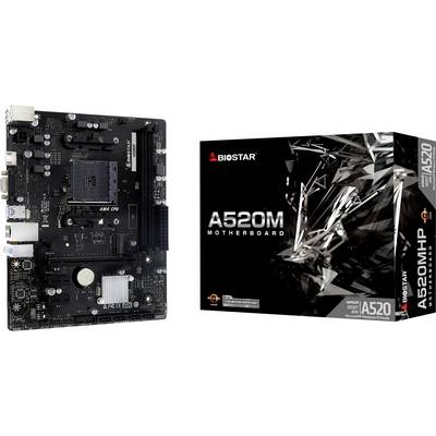 Biostar A520M Mainboard neben seiner Verpackungsschachtel präsentiert, mit hervorgehobener Beschriftung 'A520M MOTHERBOARD' und Designgrafiken.