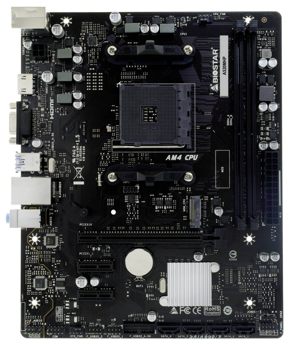 Ein Computermotherboard mit verschiedenen Anschlüssen, beschriftet mit 'BIOSTAR A320MH' und 'AM4 CPU', mit Steckplätzen und Anschlüssen für Komponenten.