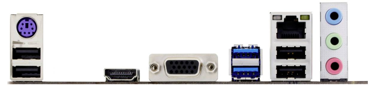 Rückansicht eines Computermotheboards, das verschiedene Anschlüsse zeigt: PS/2, USB, HDMI, VGA, Ethernet und Audioports für Konnektivität.