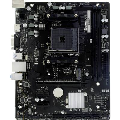 Biostar AM4 CPU-Motherboard mit verschiedenen Steckplätzen und Anschlüssen, einschließlich HDMI, USB und Audio-Anschlüssen.