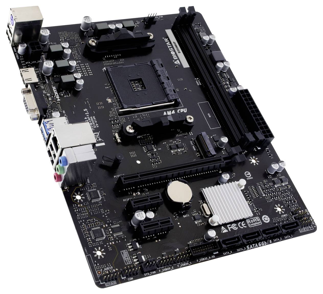 Eine schwarze Computer-Hauptplatine mit beschrifteter CPU-Fassung für 'AM4 CPU', mehreren Steckplätzen, Anschlüssen und Kondensatoren, verwendet zum Aufbau von PCs.