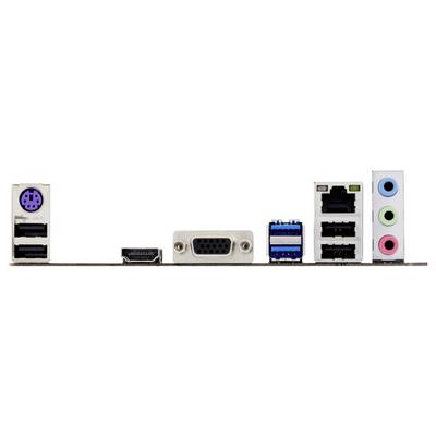 Eine Computermotherboard-Rückseite mit verschiedenen Anschlüssen: PS/2-, USB-, HDMI-, VGA-, Ethernet- und Audioports in unterschiedlichen Farben.