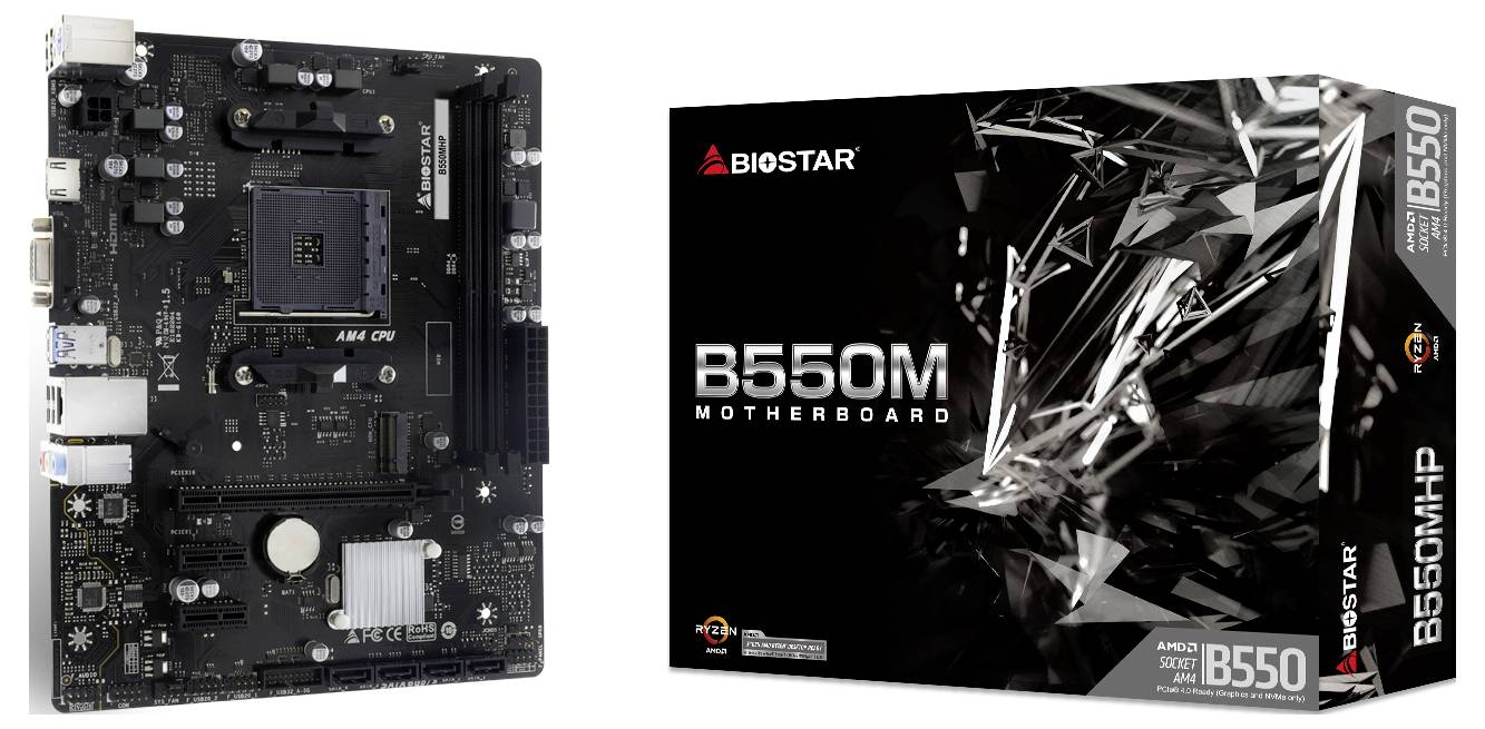 Biostar B550M Mainboard neben seiner Verpackungsbox. Die Box verfügt über ein geometrisches Design und spezifiziert 'AMD Socket AM4'.
