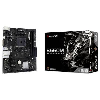 Biostar B550M Mainboard neben seiner Verpackungsbox. Die Box verfügt über ein geometrisches Design und spezifiziert 'AMD Socket AM4'.