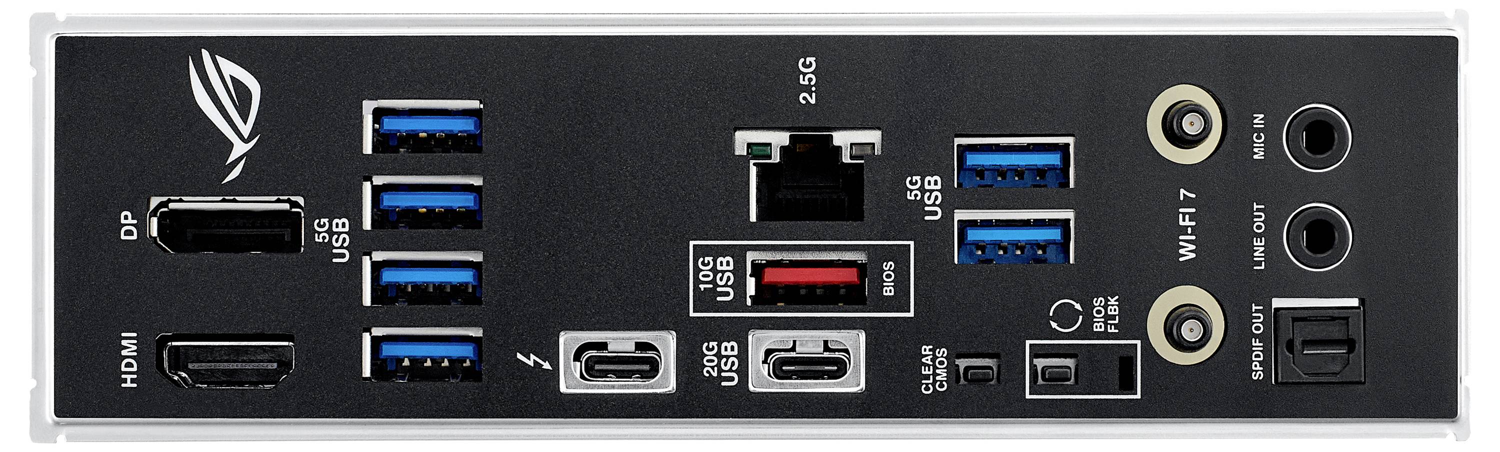 Das Bild zeigt die Rückseite einer PC-Motherboard mit mehreren Anschlüssen: USB, Ethernet, HDMI, DisplayPort und Audioausgänge.