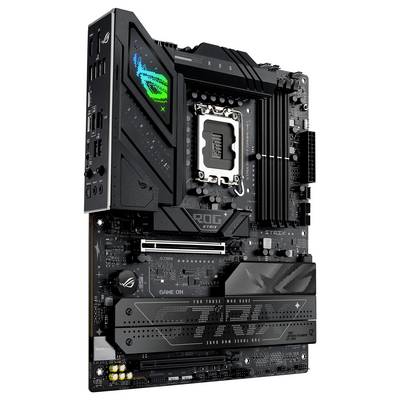 Eine Hochleistungs-Computermotherboard mit verschiedenen Anschlüssen, einem CPU-Sockel und komplexer Schaltkreisstruktur. Markenbeschriftungen sind auf den Komponenten sichtbar.