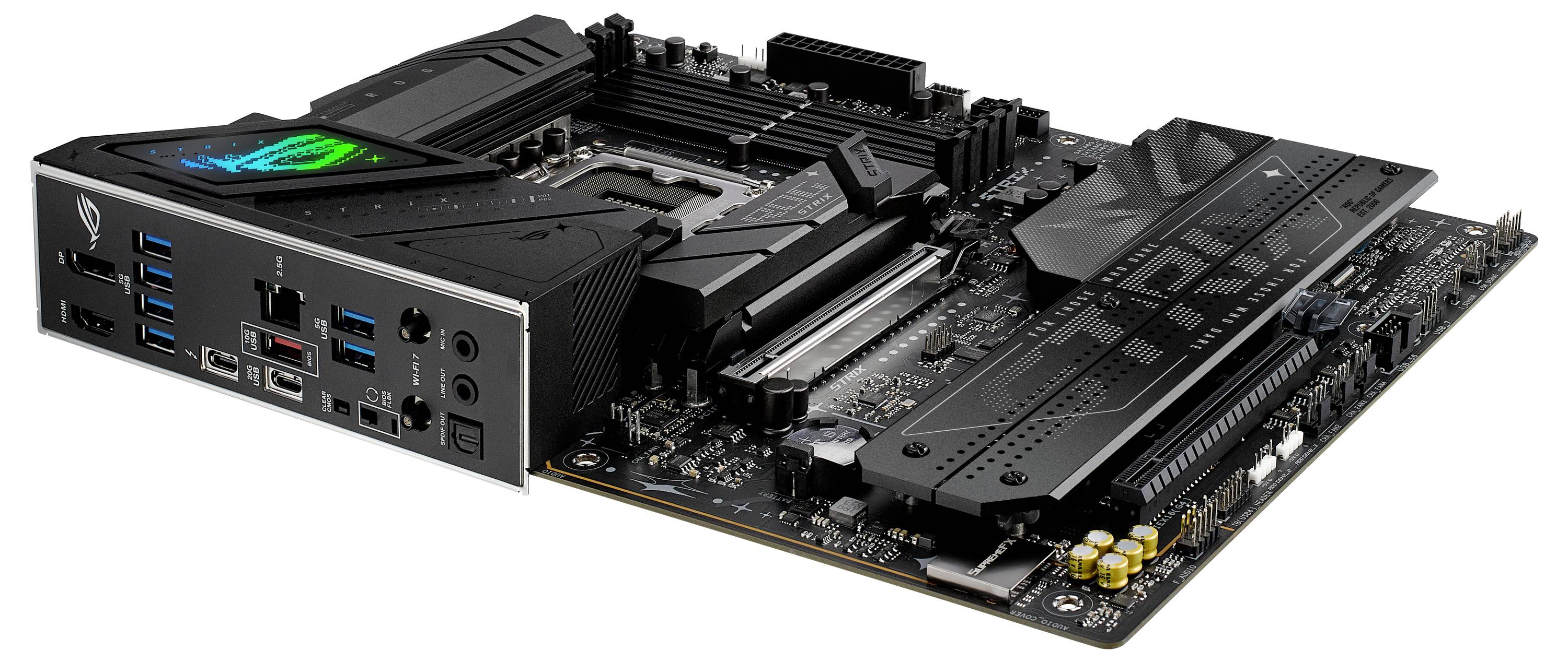 Eine schwarze Computerplatine mit mehreren Steckplätzen, Anschlüssen und Verbindern, die durch ein beleuchtetes Logo in der oberen linken Ecke hervorgehoben wird.