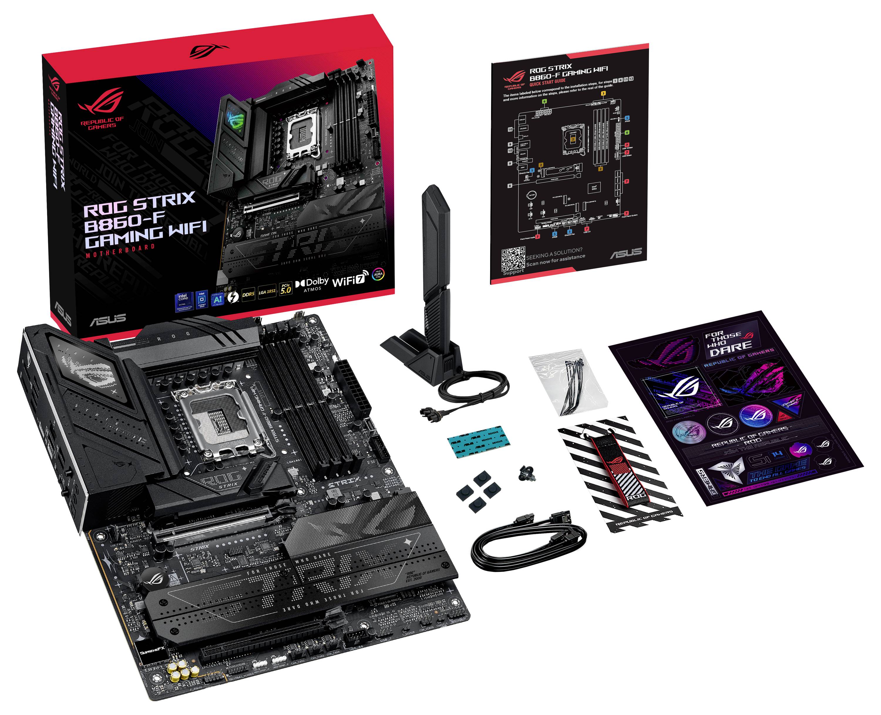 Ein Gaming-Mainboard-Kit mit WLAN-Antenne, Kabeln und Benutzerhandbuch. Auf der Verpackung mit 'ROG Strix B660-F Gaming WiFi' gekennzeichnet.