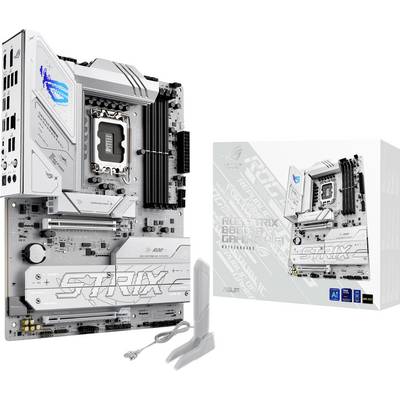 Ein weißes ROG Strix B660-A Gaming Mainboard mit seiner Verpackung, ausgestattet mit mehreren Anschlüssen, PCIe-Steckplätzen und einer WLAN-Antenne.