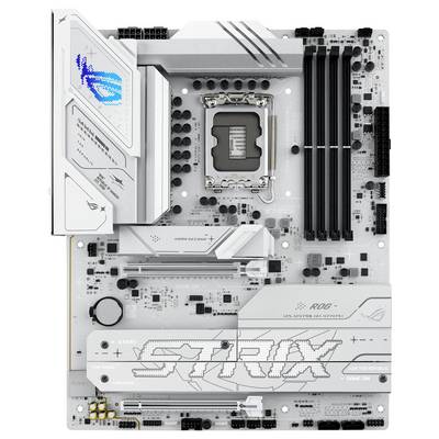 ATX-Mainboard mit weißem und grauem Design, vier RAM-Steckplätzen, CPU-Sockel, mehreren PCIe-Steckplätzen und verschiedenen Anschlüssen und Ports.