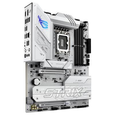Eine weiße ATX-Mainboard, das für Gaming-PCs entwickelt wurde, mit mehreren Anschlüssen, RAM-Steckplätzen und einem prominenten Sockel für einen CPU, mit dem Wort 'STRIX' im unteren Bereich.