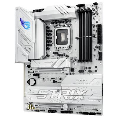 Eine weiße Computermotherboard mit mehreren Steckplätzen und Anschlüssen, mit Chips und der Bezeichnung 'STRIX' in stilisierter Schrift.