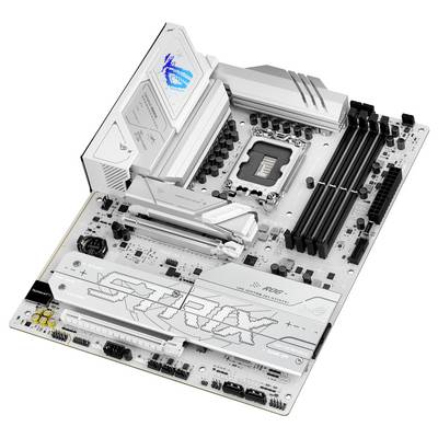 Ein weißes Computer-Mainboard mit mehreren Steckplätzen und Anschlüssen, beschriftet mit "STRIX", entwickelt für fortschrittliche Gaming- und Computeranwendungen.