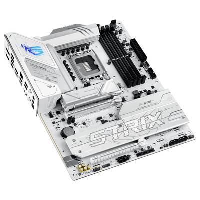 Eine weiße Computerplatine mit schwarzen RAM-Steckplätzen