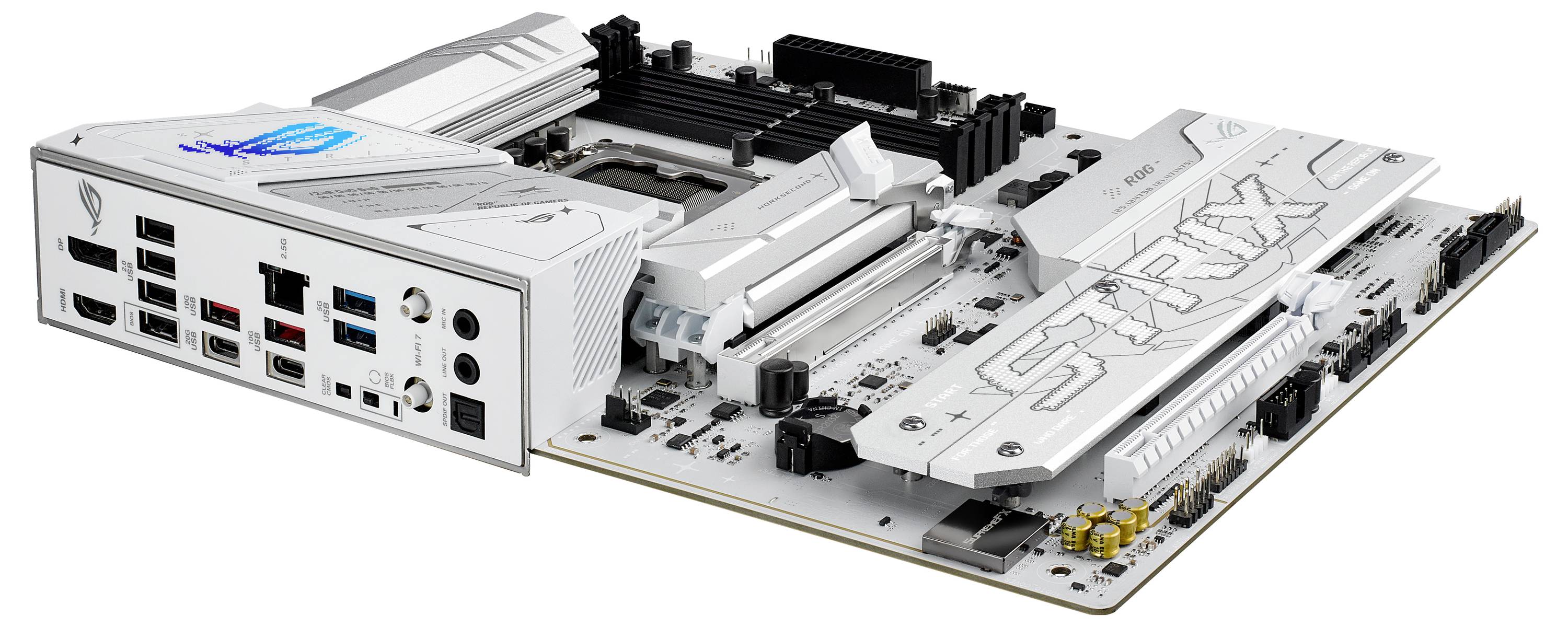 Eine weiße Computermotherboard mit verschiedenen Anschlüssen und Steckplätzen, auf der das Wort "STRIX" zu sehen ist.