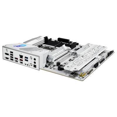 Eine weiße Computermotherboard mit verschiedenen Anschlüssen und Steckplätzen, auf der das Wort "STRIX" zu sehen ist.