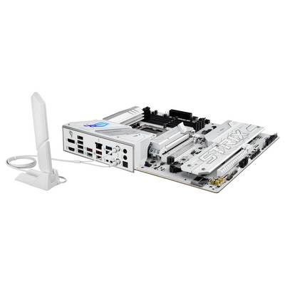Eine weiße Computer-Motherboard mit 'STRIX' Branding. Mehrere Anschlüsse und Steckplätze sind sichtbar, mit einer abnehmbaren Antenne an der Seite.