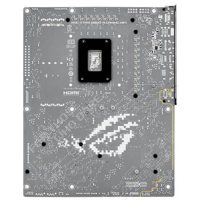 Das Bild zeigt die Rückseite einer Computermotherboard mit elektronischen Schaltkreisen, dem CPU-Sockelbereich und Beschriftungen, die Modelldetails angeben.