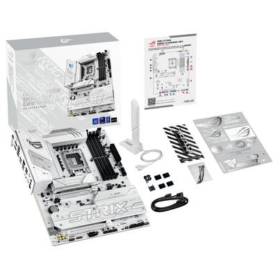 Weiße ASUS-Motherboard und Zubehör ausgestellt mit Verpackung, Handbuch und Kabeln. Inklusive Antenne und Schrauben, hebt Installationsmerkmale hervor.