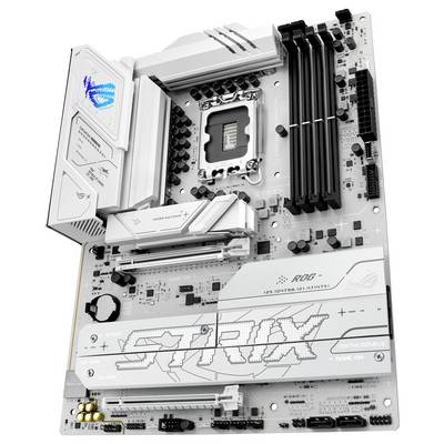 Eine weiße Gaming-Motherboard mit mehreren PCIe-Steckplätzen, RAM-Anschlüssen und einem Design, das mit dem Logo und den Grafiken der Marke hervorgehoben wird.