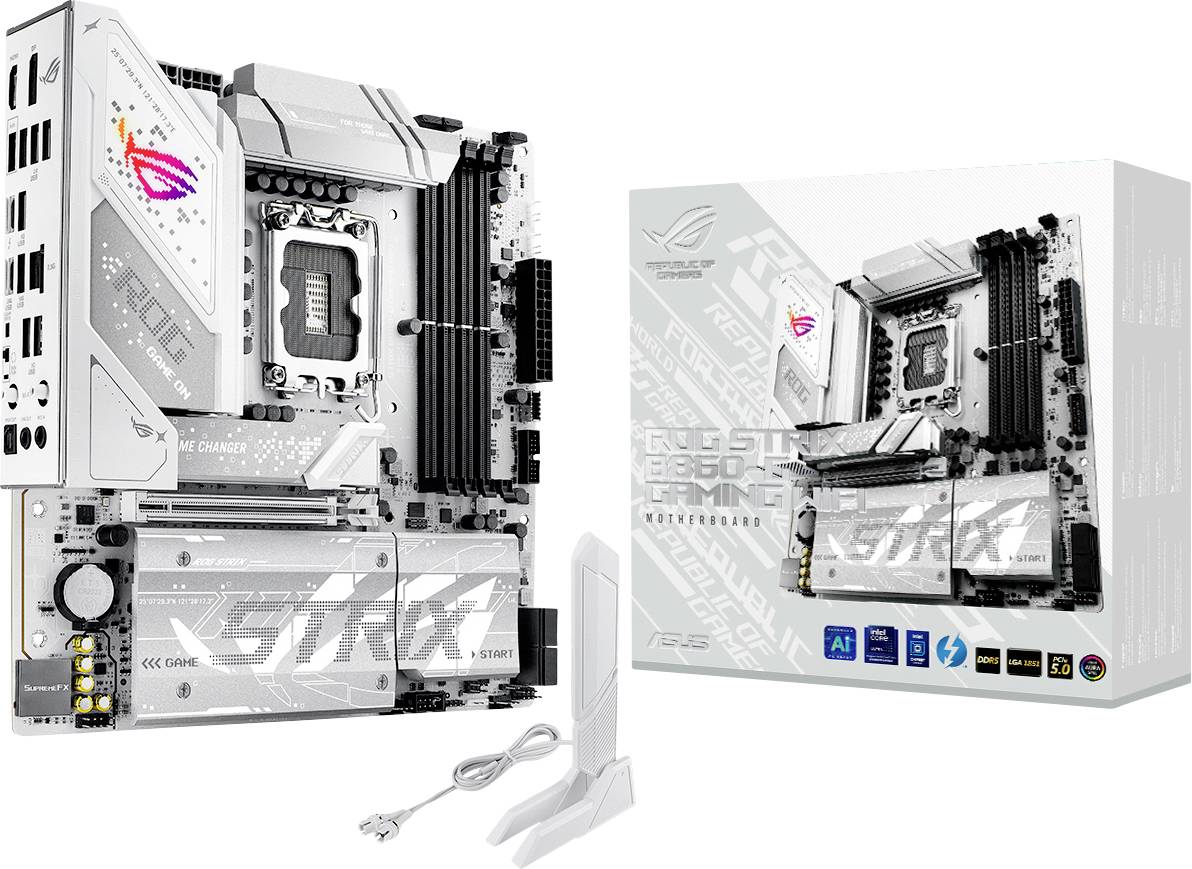 Weiße ASUS ROG Strix Z690-A Mainboard in Präsentation mit elegantem Design, zusammen mit seiner Verpackung und mitgelieferten Zubehörteilen.