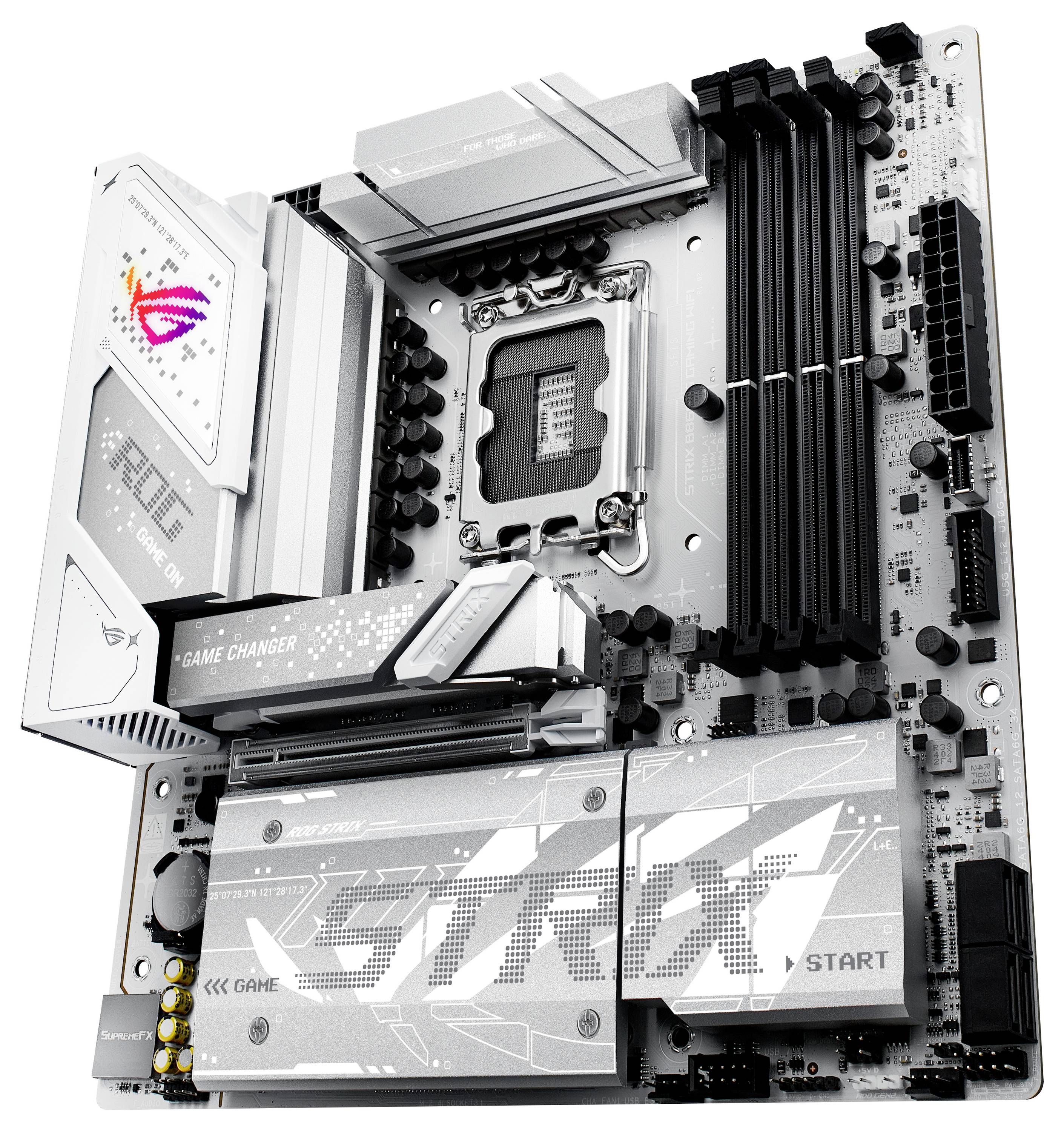 Weiße ASUS ROG Mainboard mit schwarzen Steckplätzen und 'STRIX' Branding, entwickelt für Gaming und High-Performance Computing.