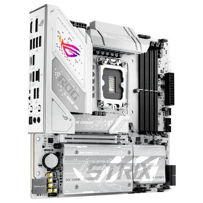 Eine weiße Computer-Hauptplatine mit verschiedenen Steckplätzen und Komponenten. Die Platine verfügt über Markierungselemente, einschließlich des 'ROG' Logos und des Textes 'GAME CHANGER.'
