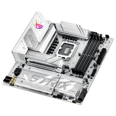 Weiße Computermotherboard mit mehreren Steckplätzen und Komponenten, einschließlich RAM-Steckplätzen, einem CPU-Sockel und Markenelementen.
