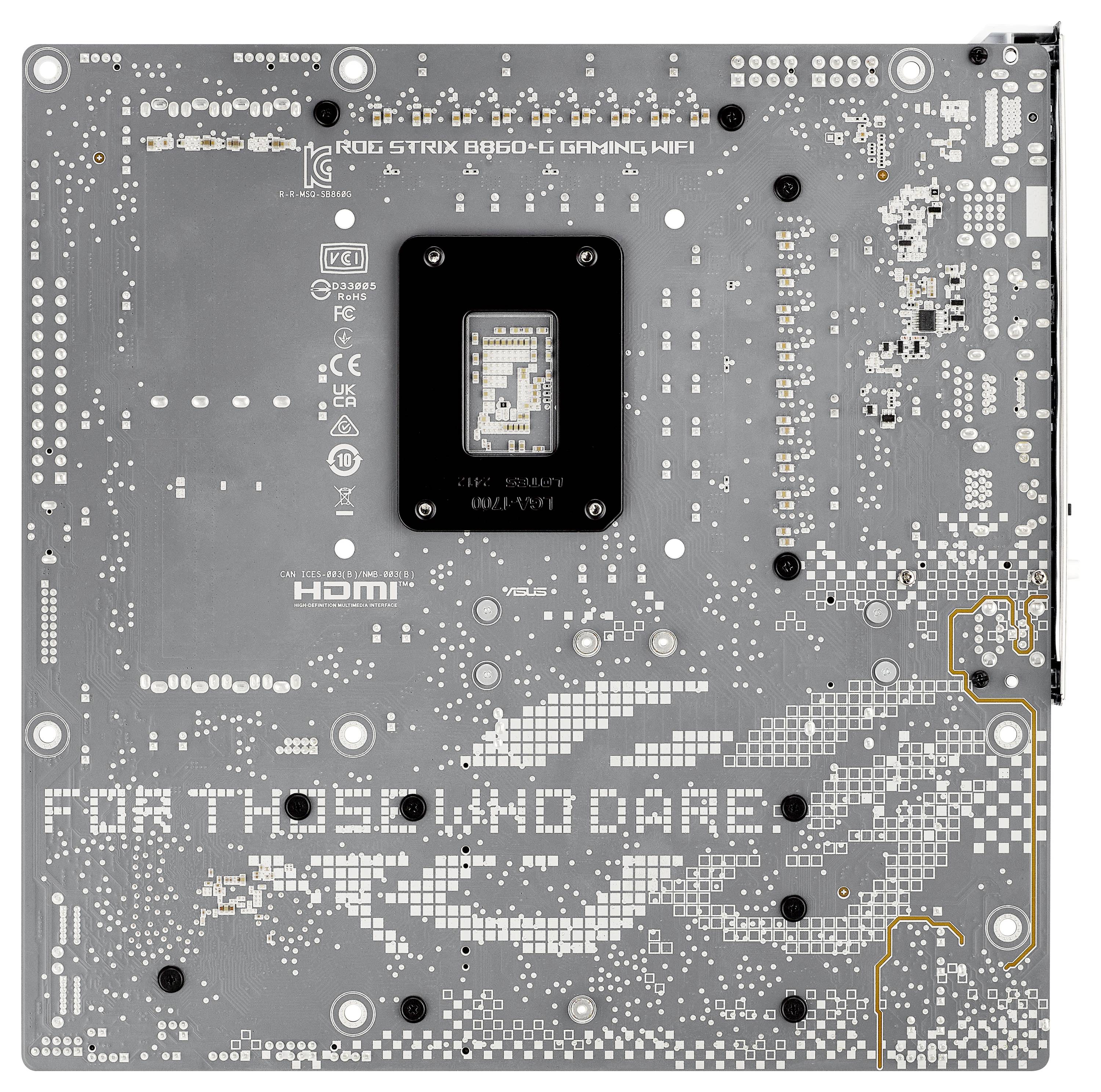 Das Bild zeigt die Rückseite einer Computermotherboard, die mit 'ROG Strix B660-G Gaming WiFi' beschriftet ist, mit verschiedenen elektronischen Komponenten und Anschlüssen.