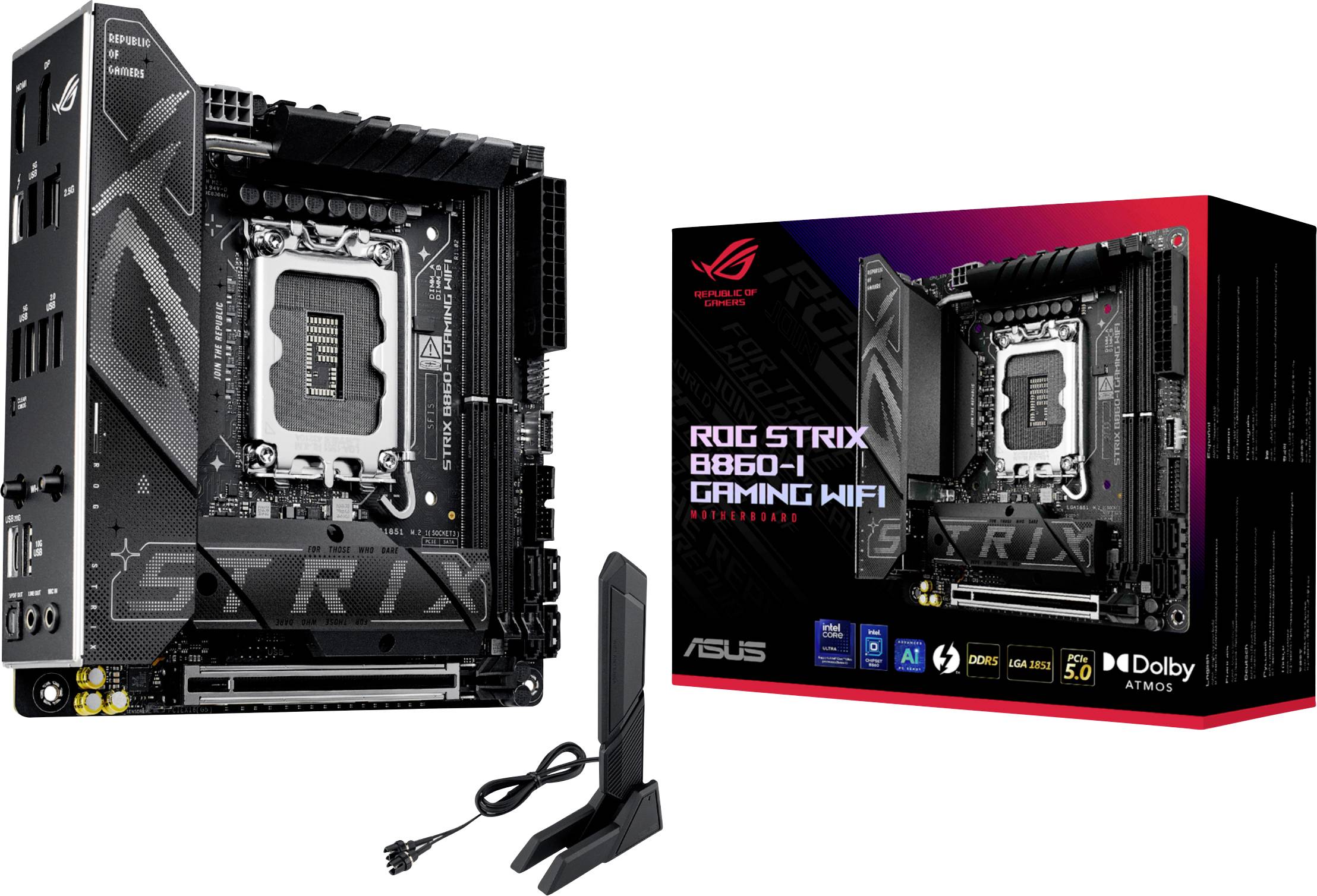 'ROG Strix B860-I Gaming WiFi' Motherboard wird neben seiner Verpackung und WLAN-Antenne gezeigt, wobei seine kompakte Größe und Funktionen hervorgehoben werden.