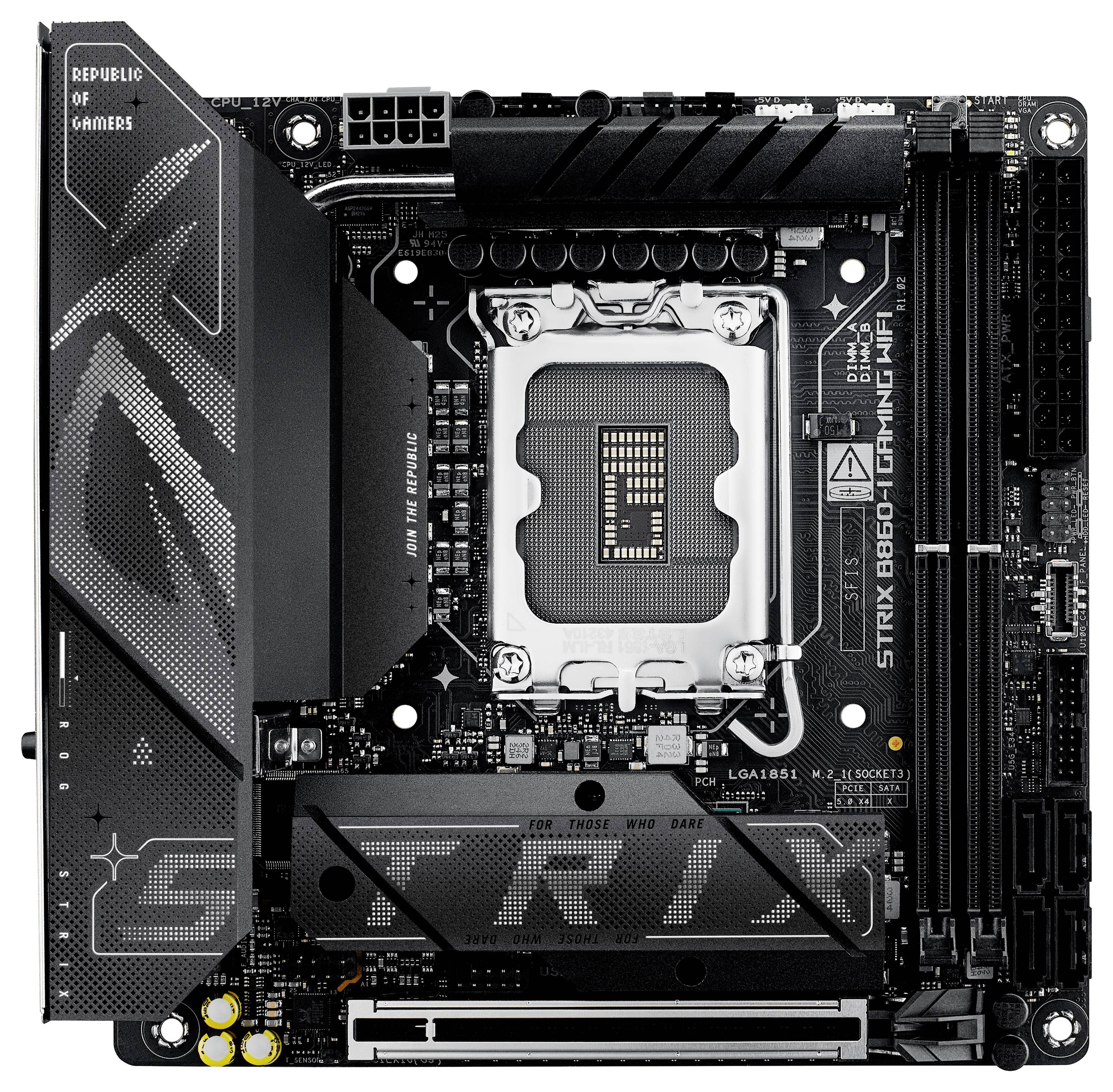 'ASUS ROG Strix B660-I Gaming WiFi Mainboard: kompaktes Design, LGA 1700 Sockel, doppelte M.2 Steckplätze, schwarze Leiterplatte mit grauen Akzenten.'