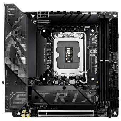 'ASUS ROG Strix B660-I Gaming WiFi Mainboard: kompaktes Design, LGA 1700 Sockel, doppelte M.2 Steckplätze, schwarze Leiterplatte mit grauen Akzenten.'