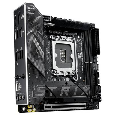 'ASUS ROG Strix B560-I Gaming WiFi' Mini-ITX-Mainboard mit mehreren Anschlüssen und hervorgehobener Grafik, speziell für Gamer entwickelt.