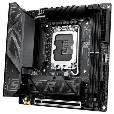Mainboard mit einem prominenten CPU-Sockel in der Mitte, beschriftet mit 'ROG STRIX B660-I GAMING WIFI', mit Steckplätzen für RAM und verschiedenen Anschlüssen.