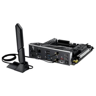 Eine schwarze Leiterplatte, die mit mehreren Anschlüssen und einer Antenne auf einem Ständer verbunden dargestellt wird, was auf Computerhardware-Konnektivität hindeutet.