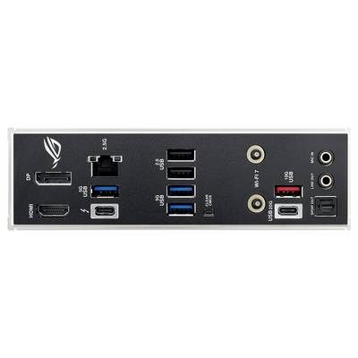 Rückseite eines Computermotherboards mit mehreren Anschlüssen: DisplayPort, HDMI, Ethernet, USB 2.0, USB 3.0, USB-C, WLAN-Anschlüssen und Audioausgängen.
