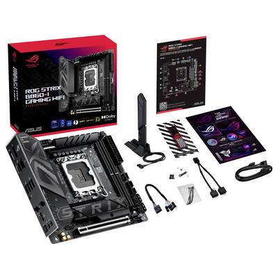 ASUS ROG Strix B660-I Gaming WIFI Mainboard-Paket mit Zubehör: Antenne, Kabel, Benutzerhandbuch und Werbematerialien.